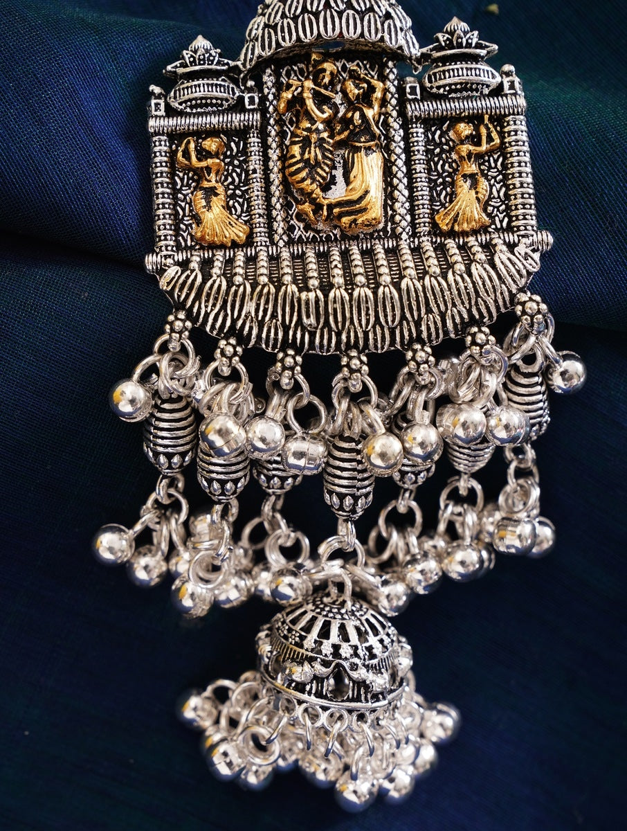German Silver Antique Plated Saree Waist Juda Pin with intricate dancing figures and hanging beads