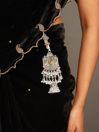Thumbnail for German Silver Antique Plated Saree Waist Juda Pin hanging on black saree with intricate design and embellishments