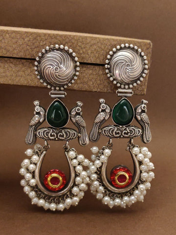 Abdesignsjewellery German silver chaandbali earrings with green stone and pearl accents