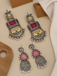 Thumbnail for Stylish German silver earrings combo featuring colorful stones and intricate designs for a trendy look
