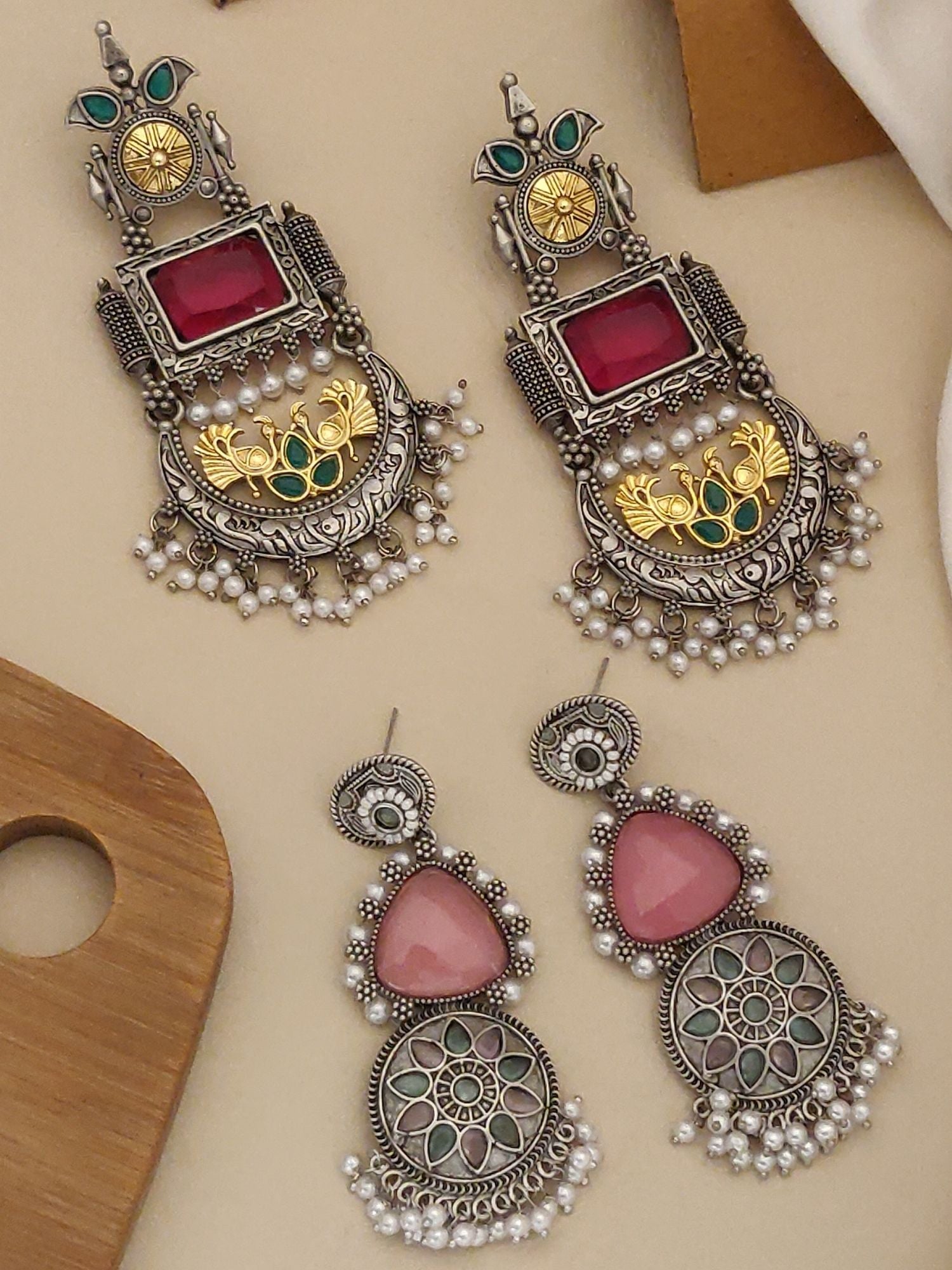 Stylish German silver earrings combo featuring intricate designs with colorful stones and bead accents