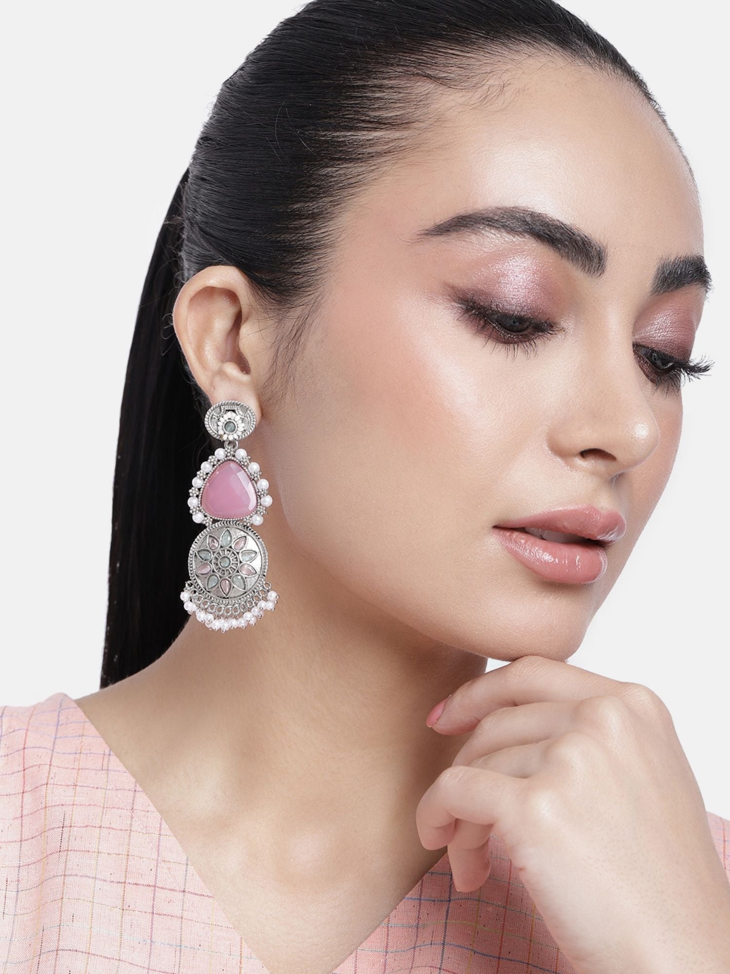 Elegant German silver earrings combo featuring pink stones and pearl accents for a stylish look