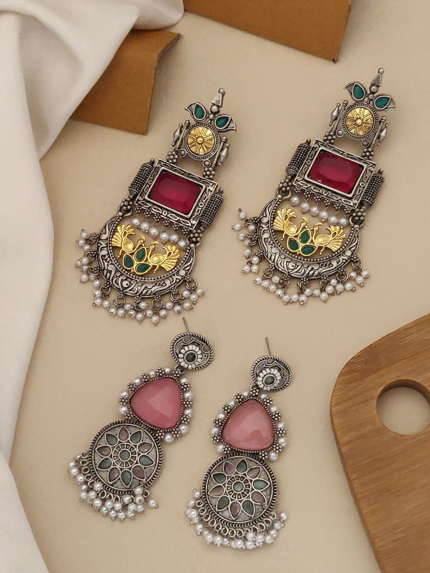 Elegant German silver earrings combo featuring intricate designs and colorful accents
