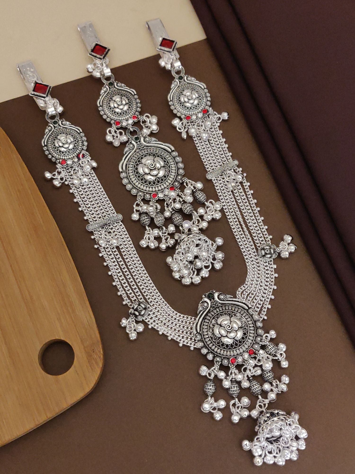 German silver juda pin combo with intricate designs and red accents for a stunning traditional look