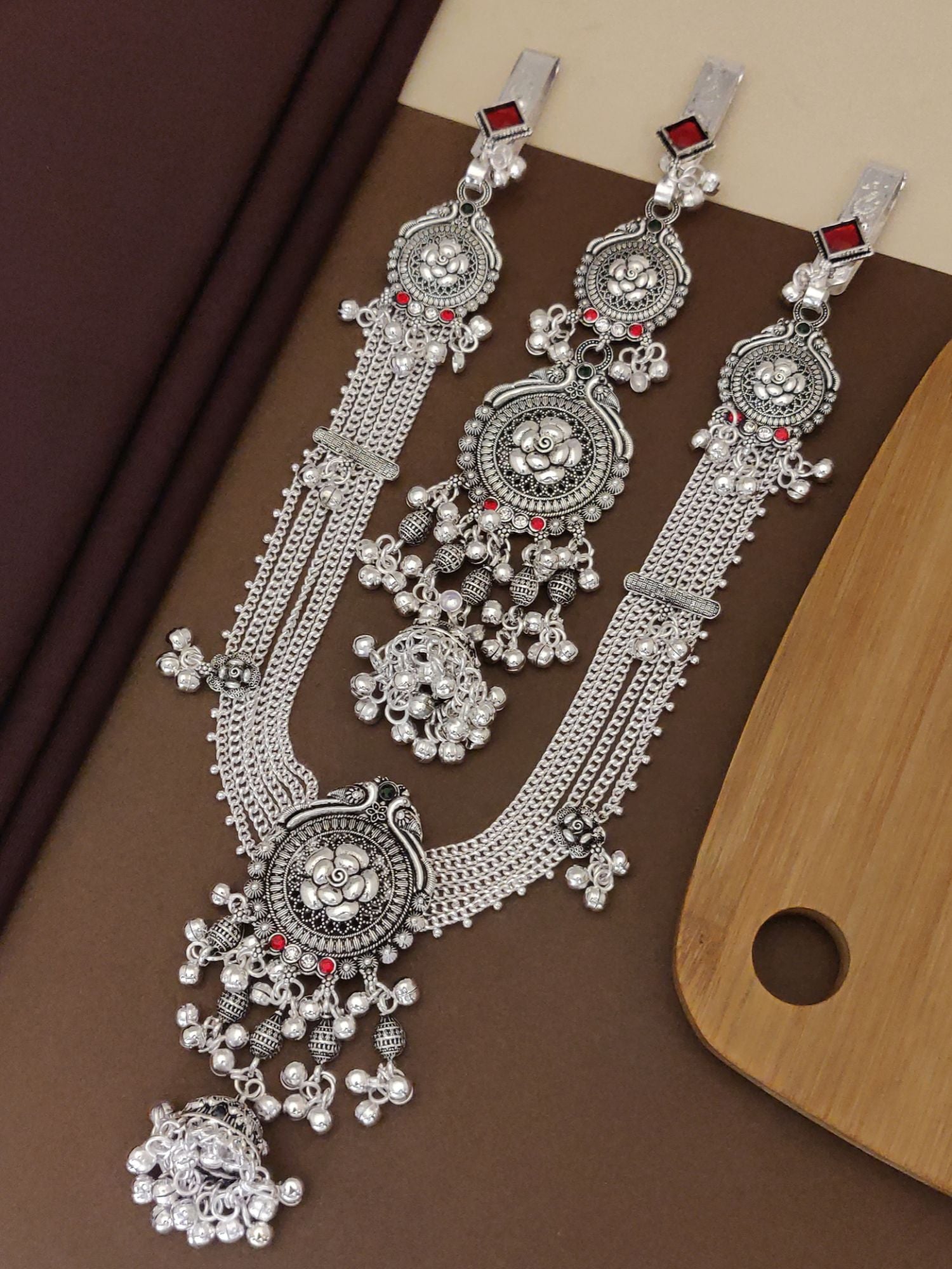 German silver juda pin combo with intricate designs and red accents for traditional jewelry lovers