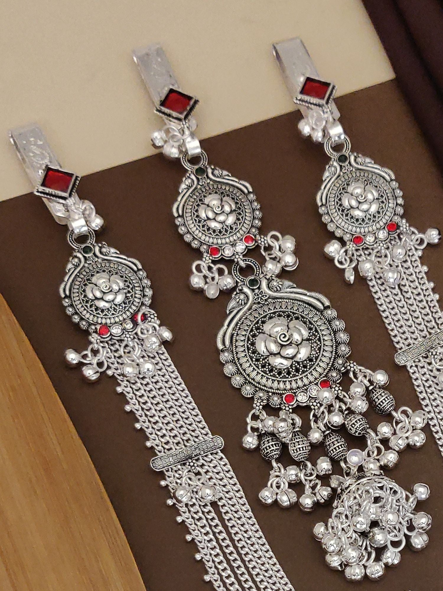 German silver juda pin combo with intricate designs and vibrant red accents for traditional elegance