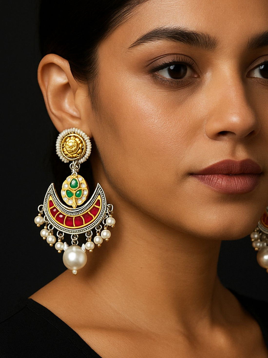 Stunning German Silver Plated Chandbali Earrings with Colorful Detailing and Pearl Accents