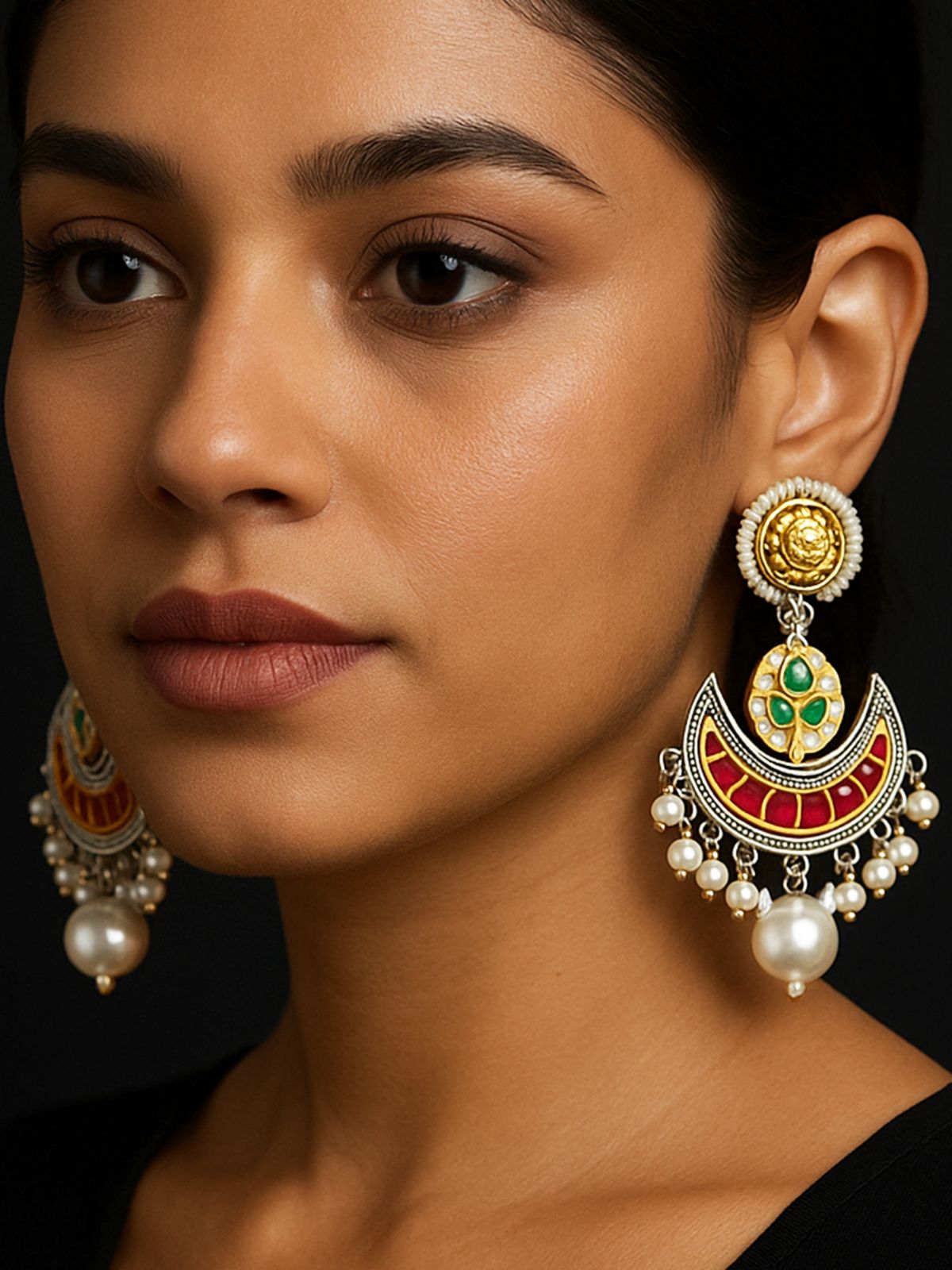 Stunning German Silver Plated Chandbali Earrings with Colorful Detailing and Pearl Accents