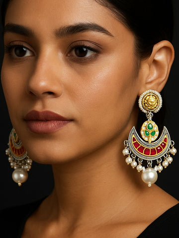 Stunning German Silver Plated Chandbali Earrings with Colorful Detailing and Pearl Accents