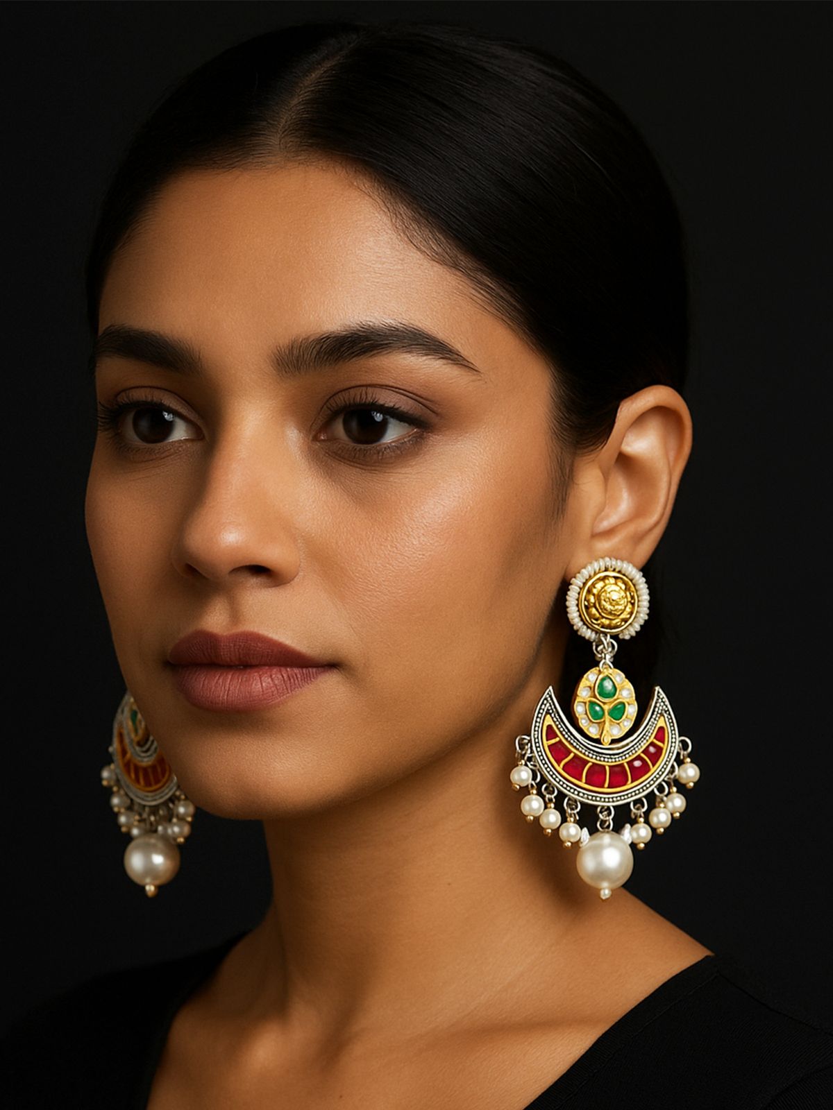 Stunning German Silver Plated Chandbali Earrings with Colorful Inlay and Pearl Accents