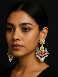 Thumbnail for Stunning German Silver Plated Chandbali Earrings with Colorful Inlay and Pearl Accents