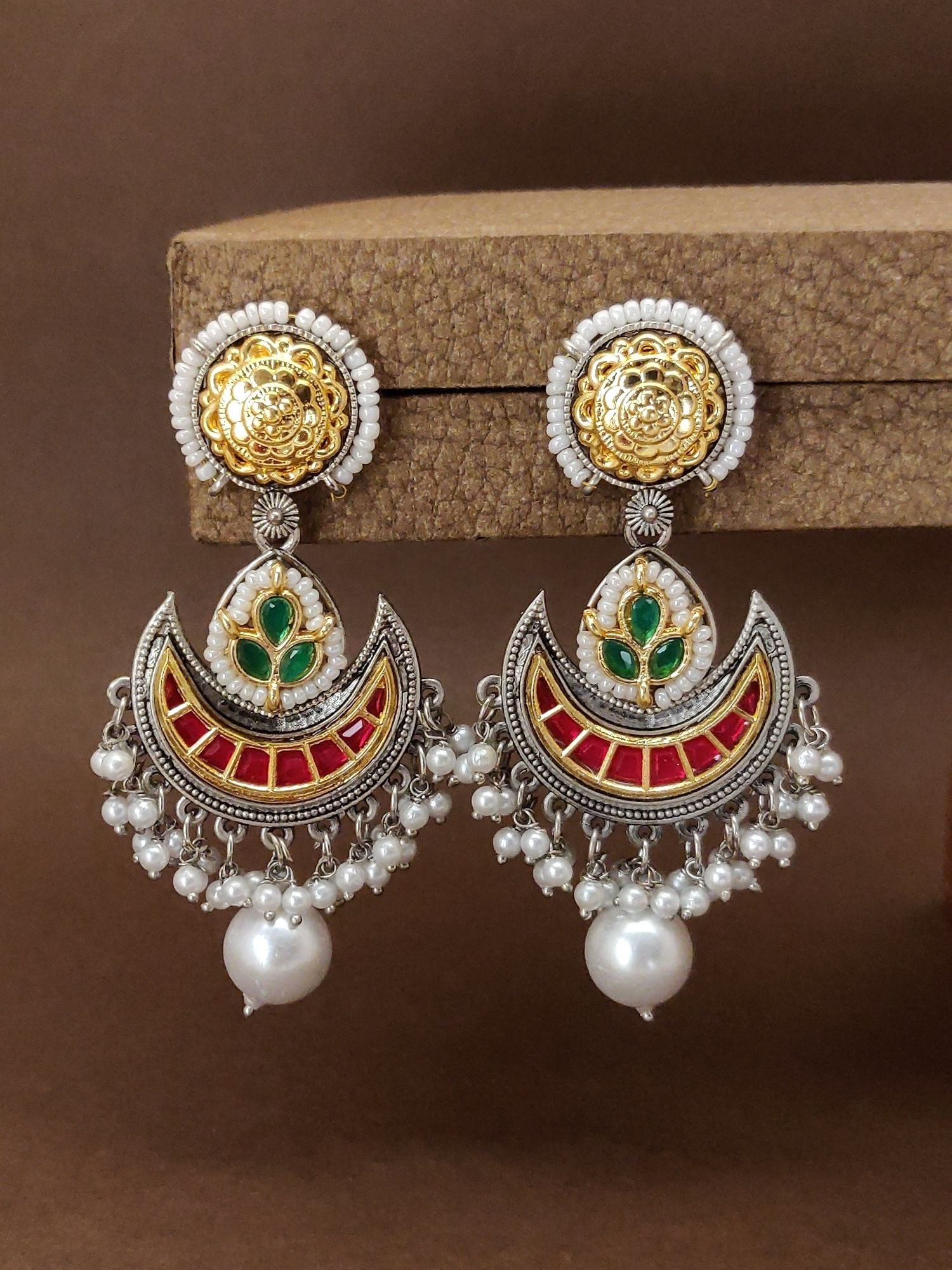 German Silver Plated Chandbali Earrings with Colorful Enamel and Pearl Drops
