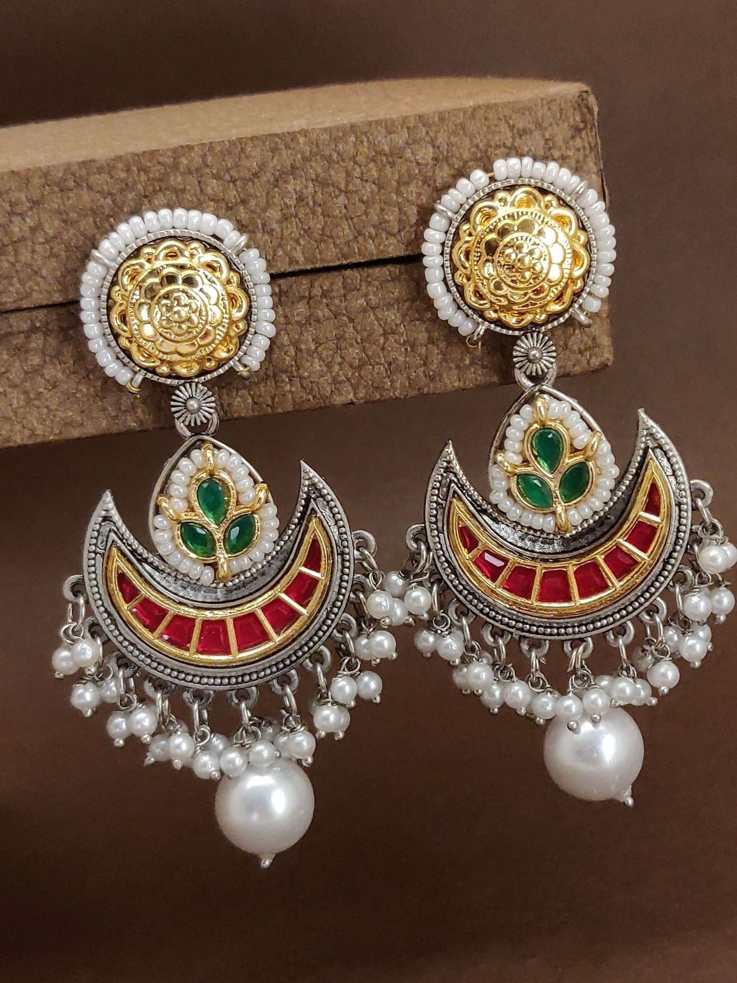 German Silver Plated Chandbali Earrings with intricate design and colorful embellishments