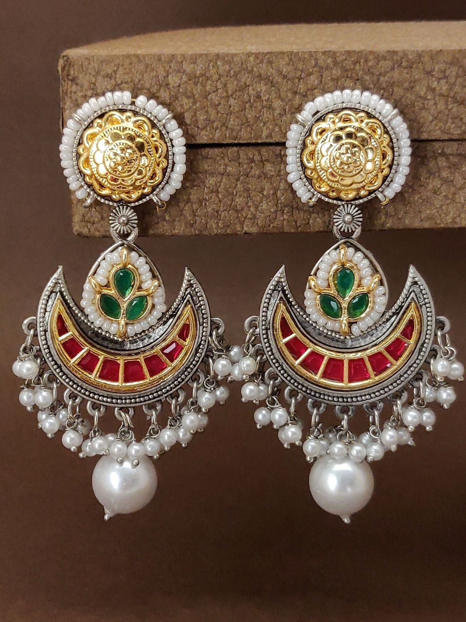 German Silver Plated Chandbali Earrings with Colorful Enamel and Pearl Detailing