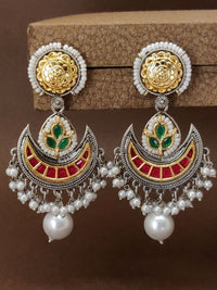 Thumbnail for German Silver Plated Chandbali Earrings with Colorful Enamel and Pearl Detailing