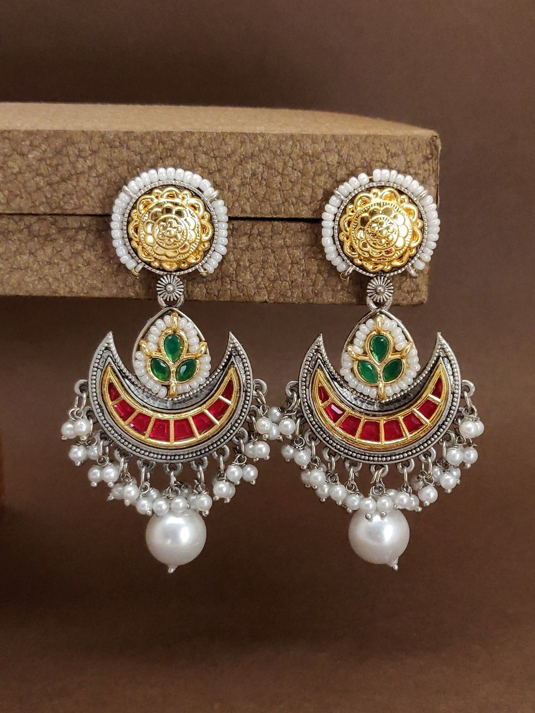 Stunning German Silver Plated Chandbali Earrings with Colorful Detailing and Pearl Accents