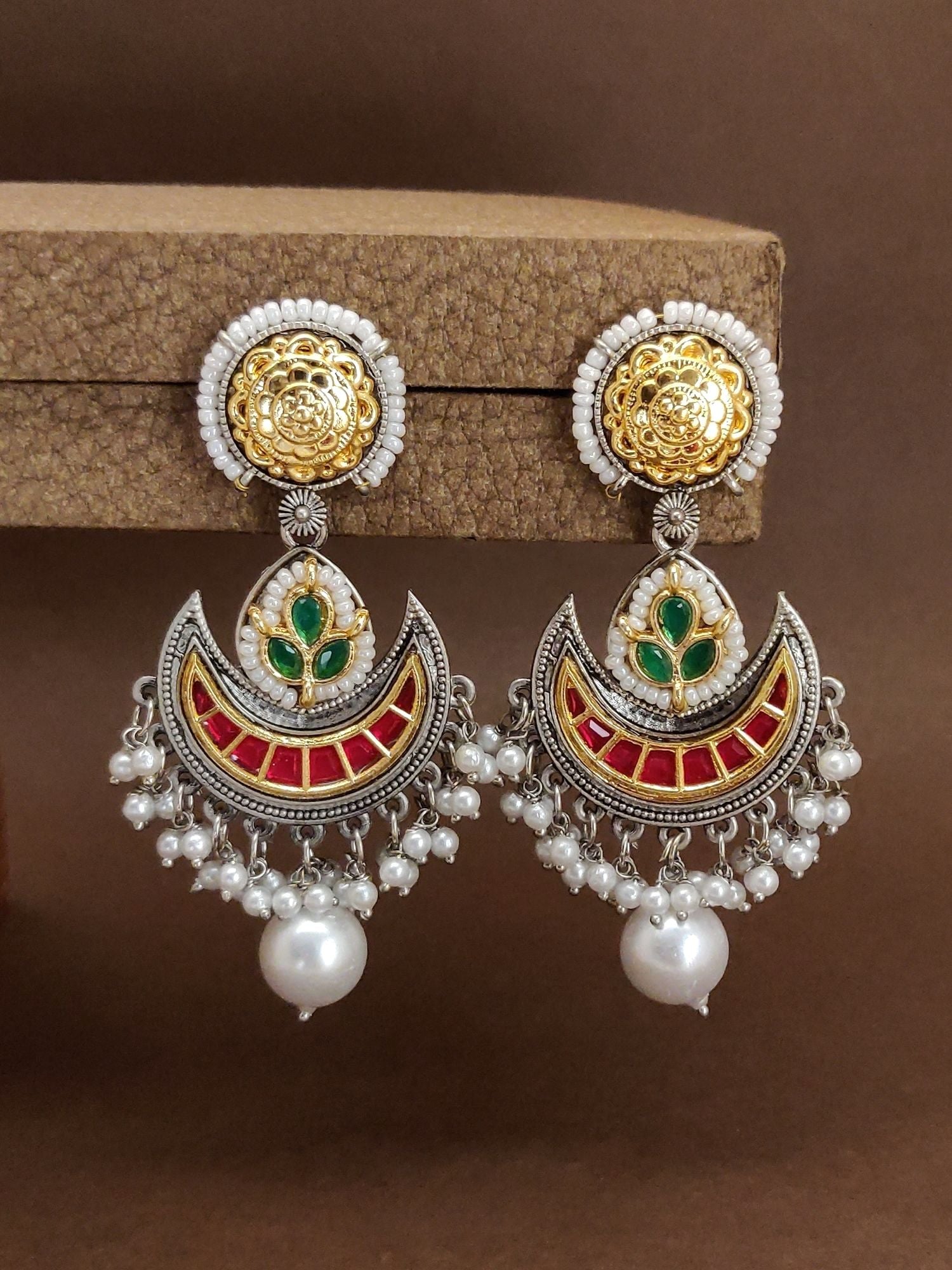 German Silver Plated Chandbali Earrings with Colorful Stones and Pearls for Elegant Style