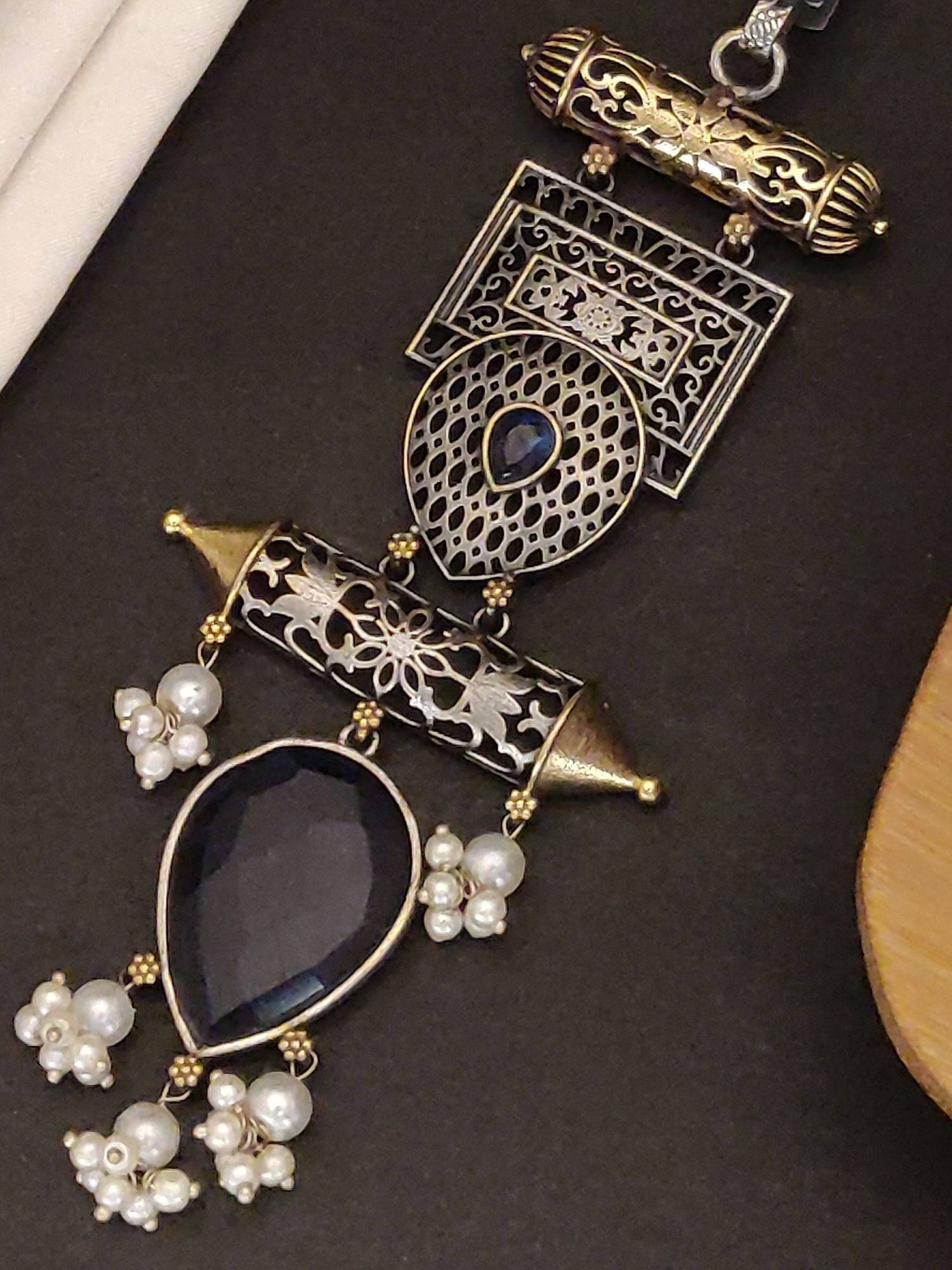 German Silver Plated Long Saree Juda Pin with intricate designs and decorative pearl embellishments