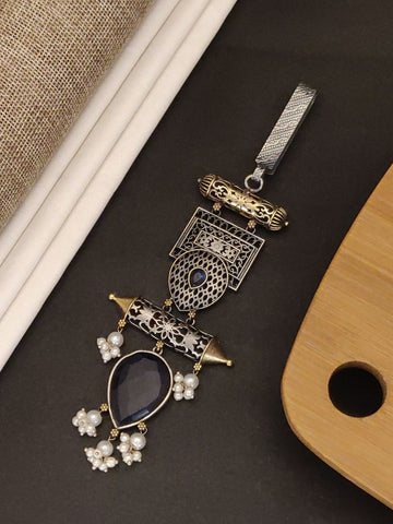 German Silver Plated Long Saree Juda Pin with intricate designs and pearl accents