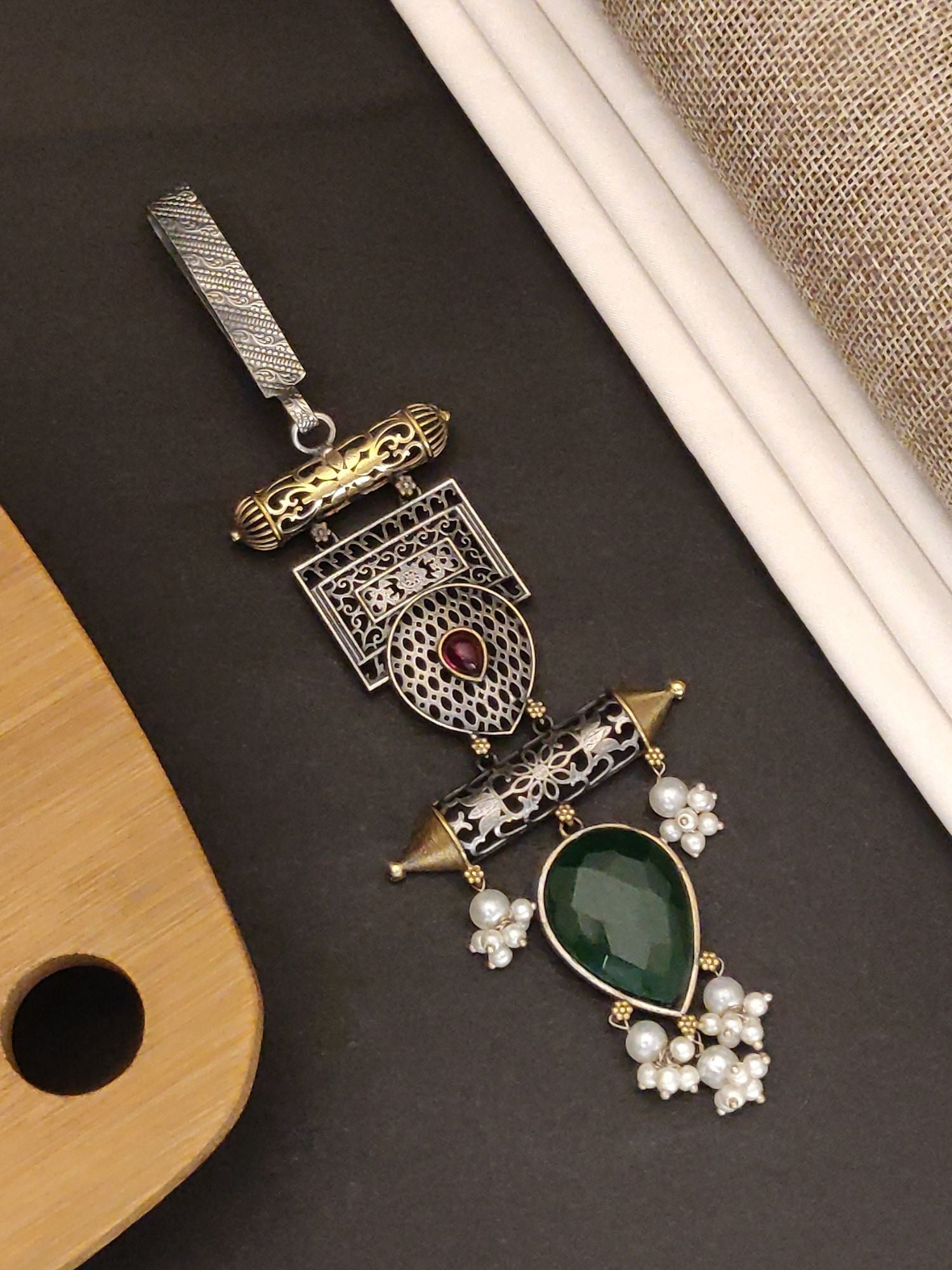 German Silver Plated Long Saree Juda Pin with intricate design and green gemstone accents