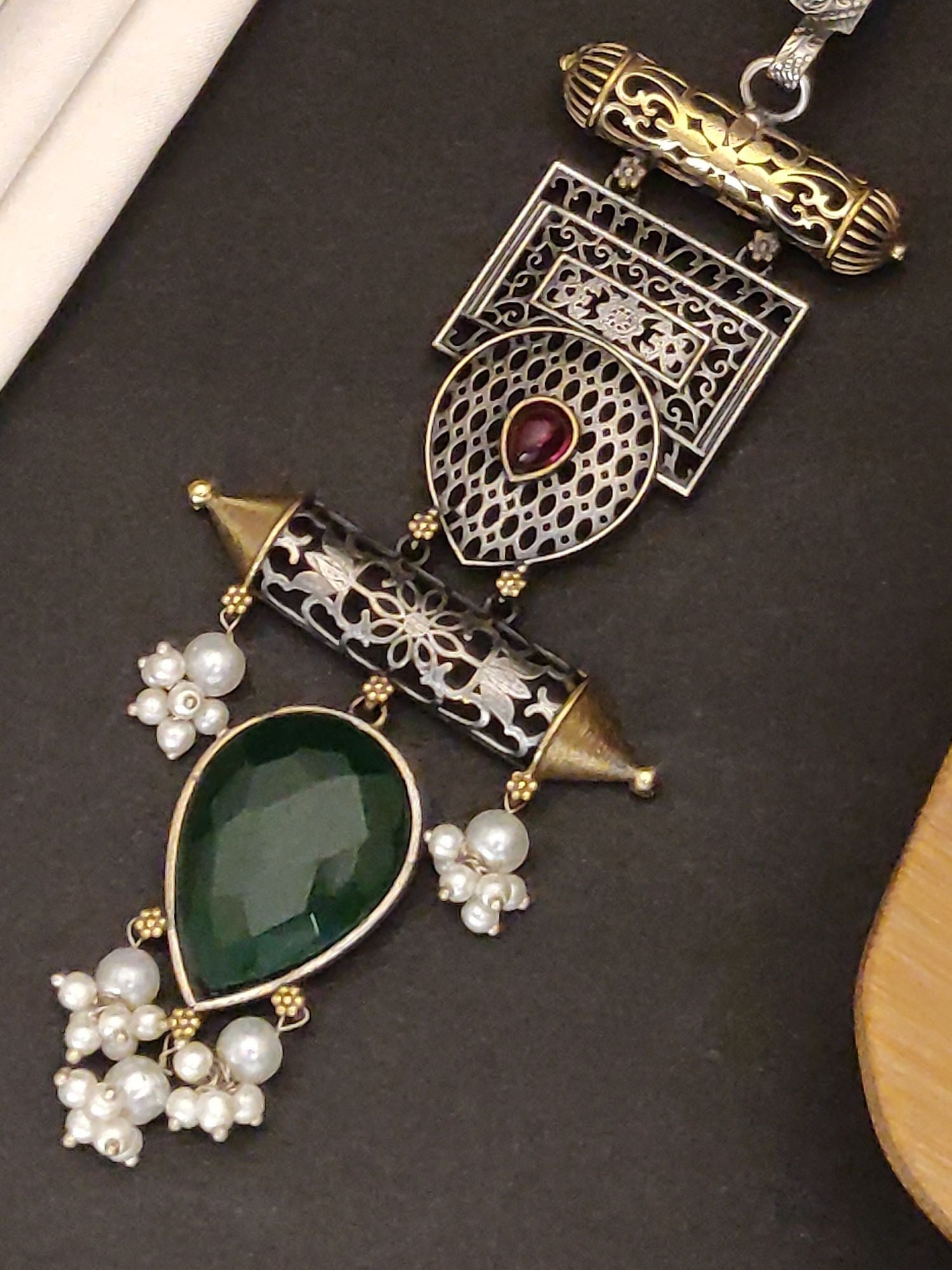 German Silver Plated Long Saree Juda Pin with Intricate Design and Colorful Gemstones