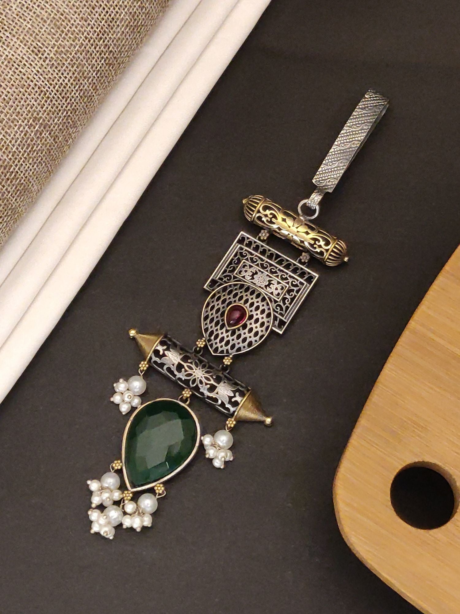 Abdesignsjewellery German Silver Plated Long Saree Juda Pin with Green Gem and Pearl Accents