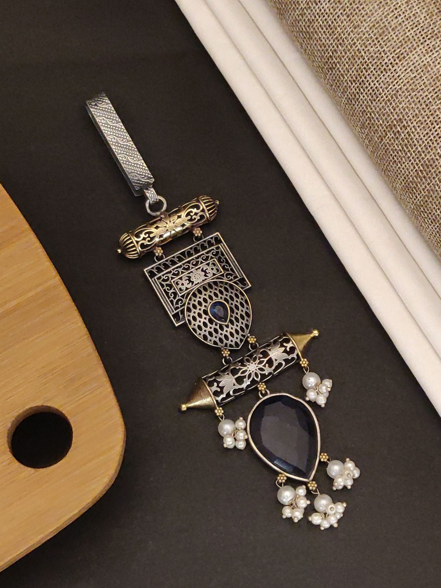 Abdesignsjewellery German Silver Plated Long Saree Juda Pin with intricate design and pearl accents