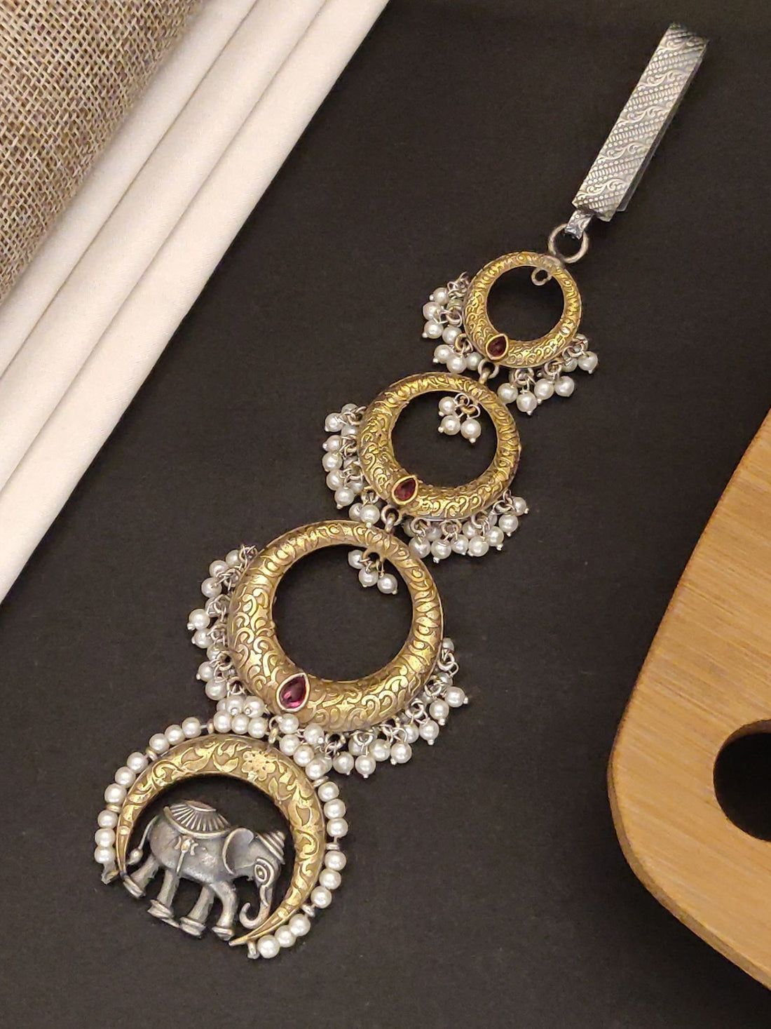 Stylish German Silver Plated Long Saree Juda Pin with Elephant Design and Pearl Accents