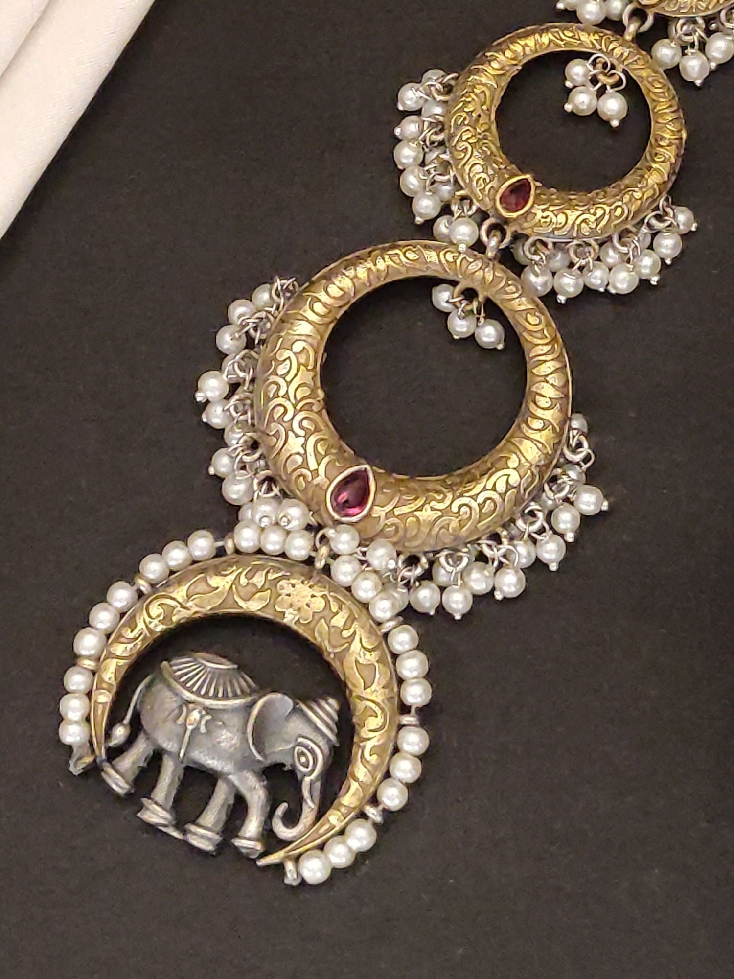 German Silver Plated Long Saree Juda Pin with Elephant Design and Pearl Detailing