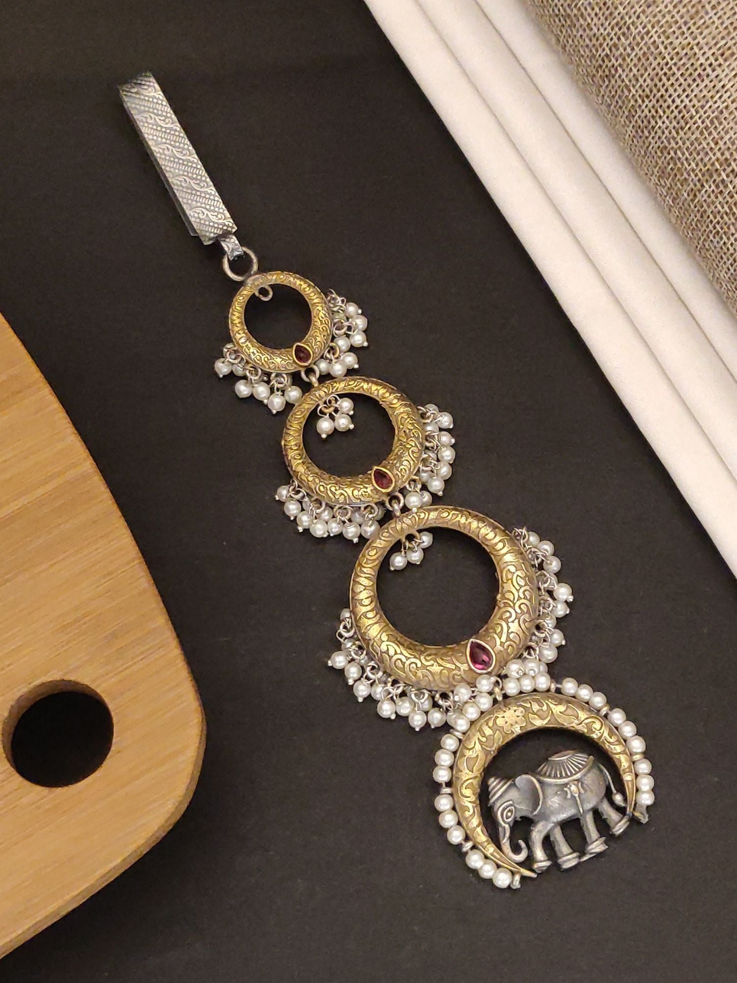 Stylish German Silver Plated Long Saree Juda Pin with Elephant Design and Pearl Accents