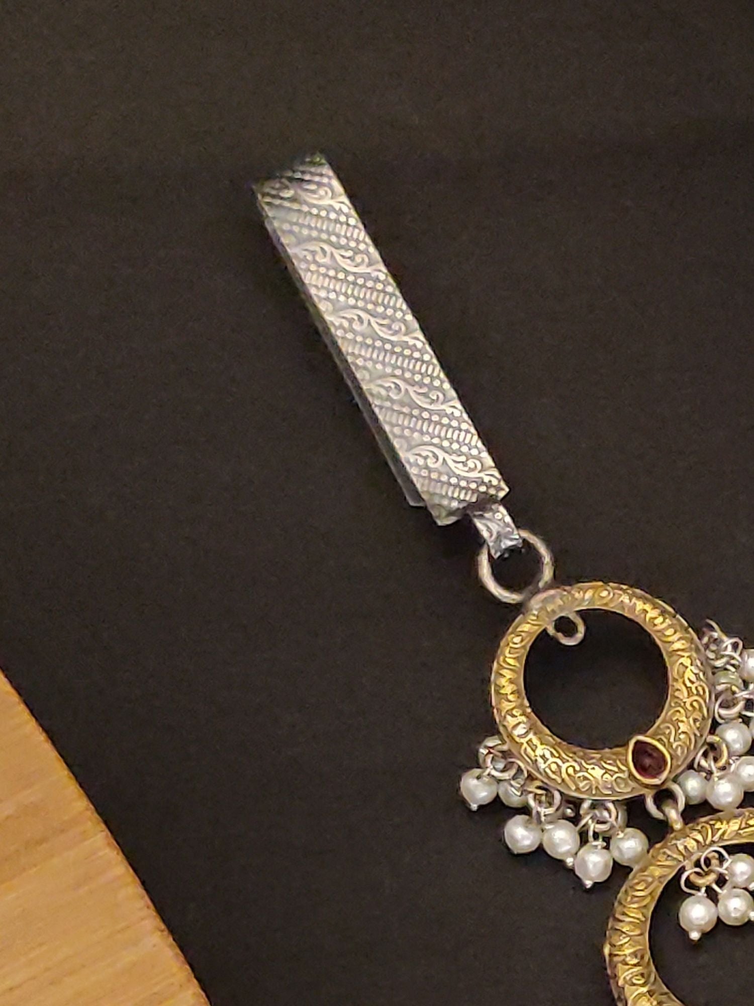 German Silver Plated Long Saree Juda Pin decorated with intricate design and pearls