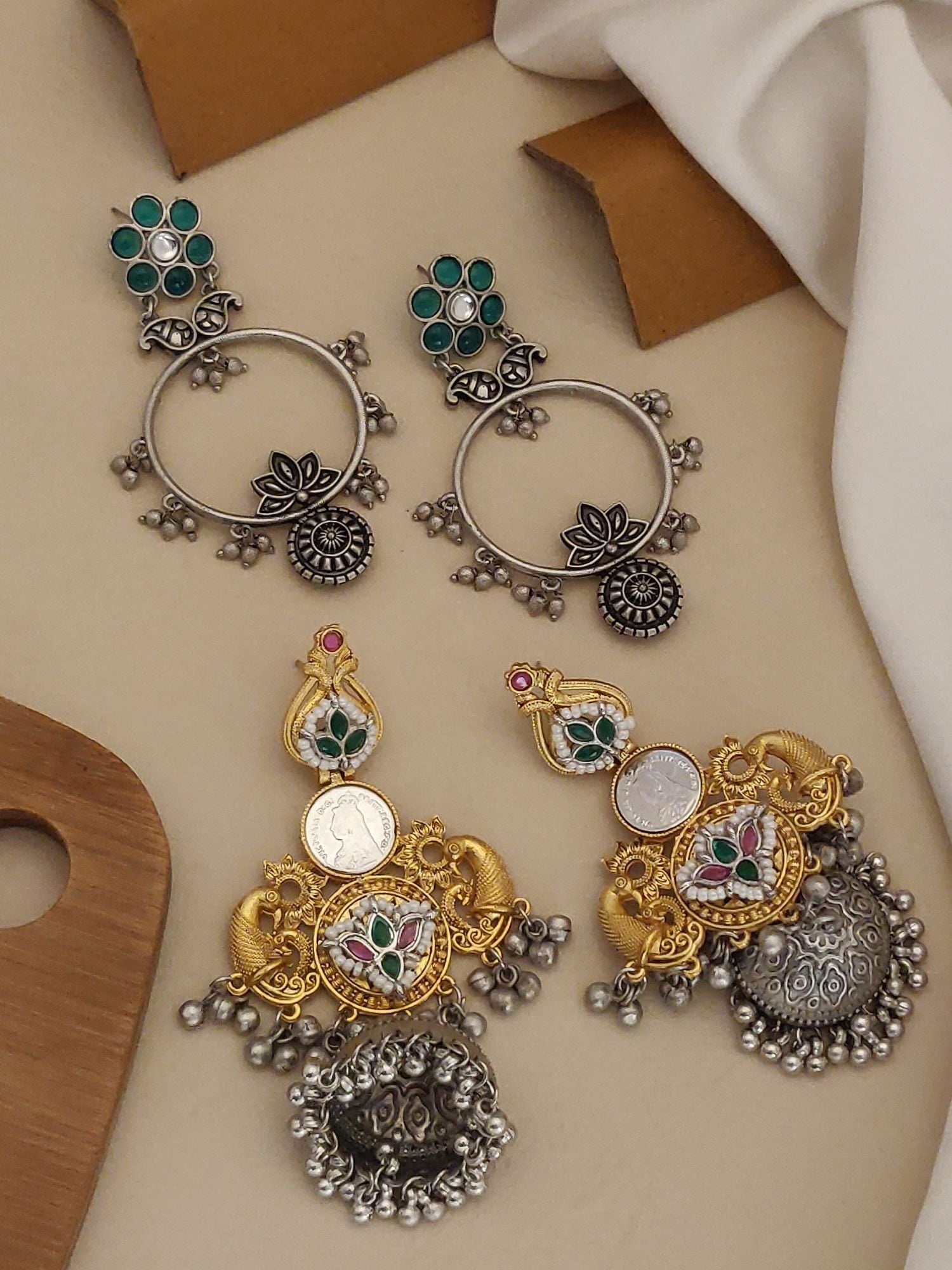 German Silver Plated Set Of 2 Earring Combo featuring traditional designs and vibrant colors