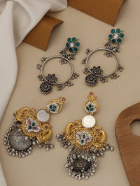 Thumbnail for German Silver Plated Set Of 2 Earring Combo featuring intricate designs and colorful embellishments