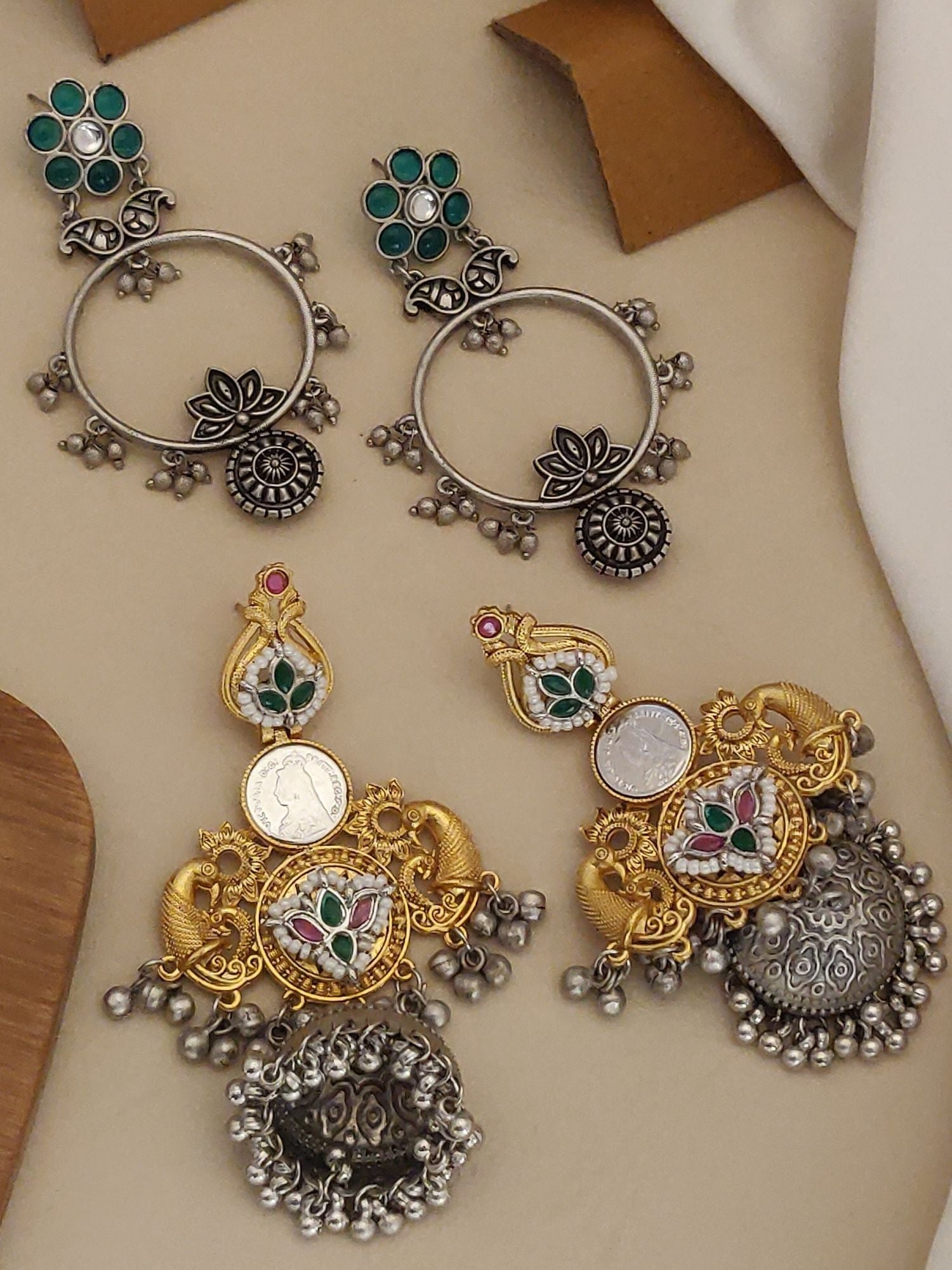 German Silver Plated Set Of 2 Earring Combo featuring traditional designs with intricate detailing and colorful accents