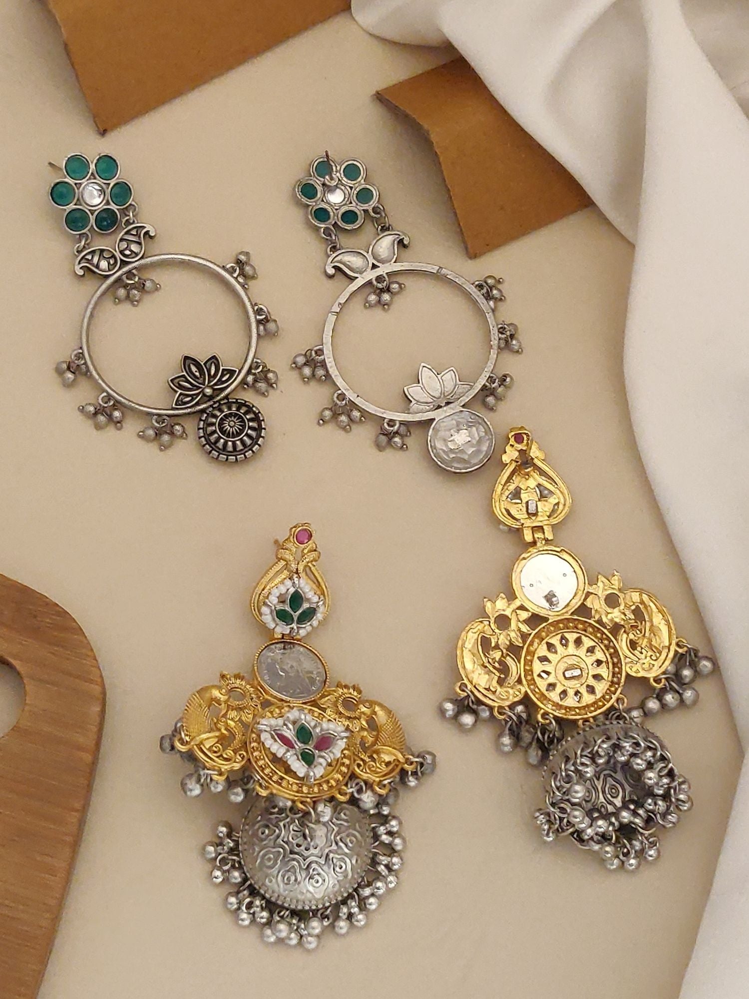 German Silver Plated Set Of 2 Earring Combo with intricate designs and colorful accents