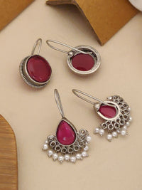 Thumbnail for German Silver Set Of 2 Earring Combo featuring elegant designs with red stones and pearl accents