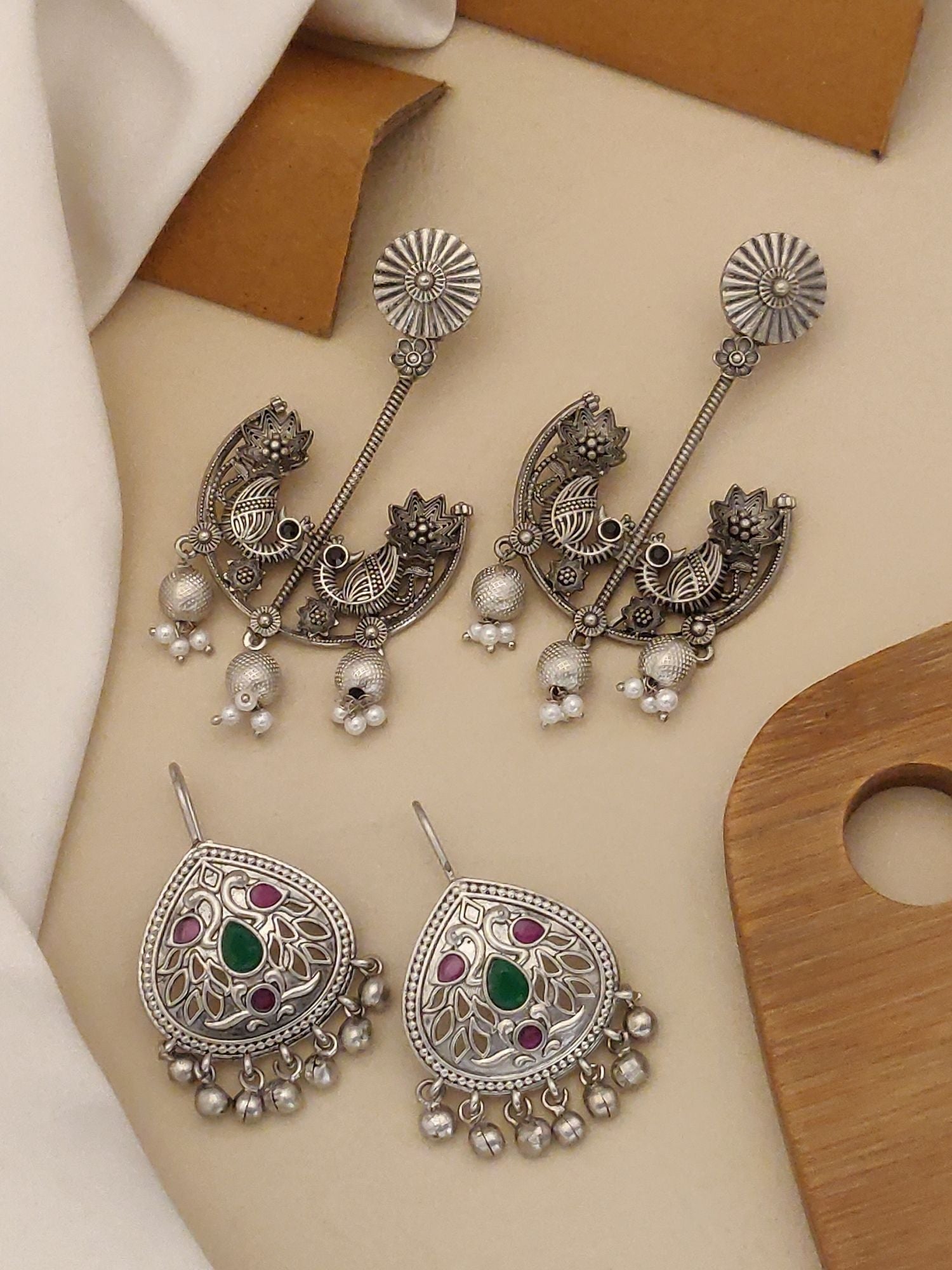 German Silver Set Of 2 Earring Combo with intricate designs and colorful gemstones for a stylish look
