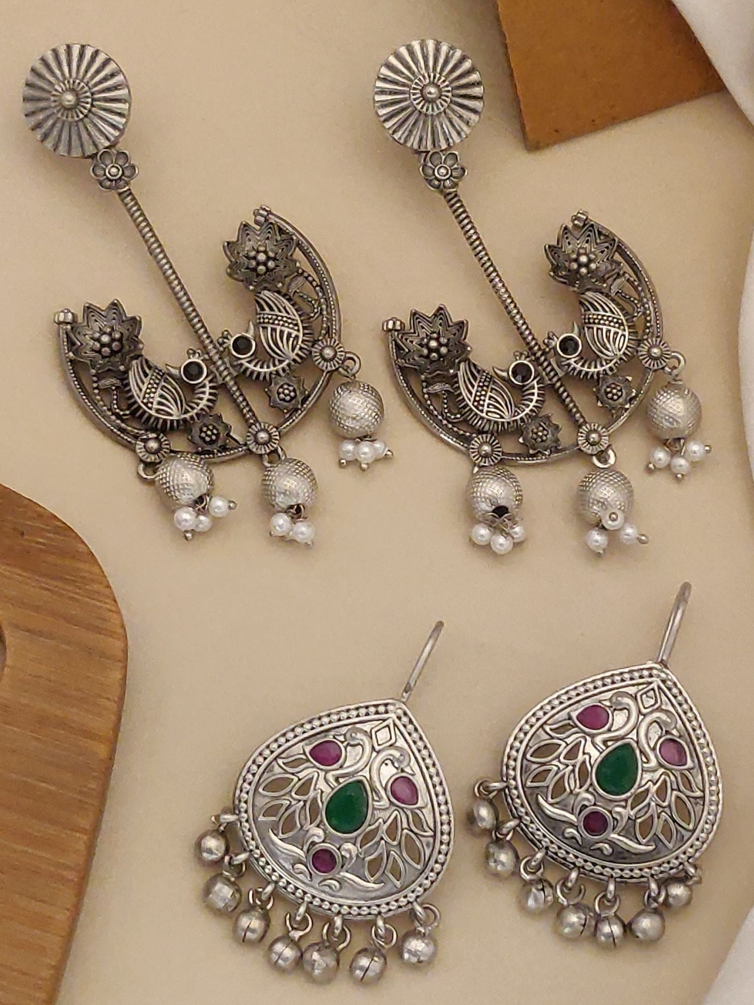 German Silver Set Of 2 Earring Combo featuring intricate designs and decorative embellishments