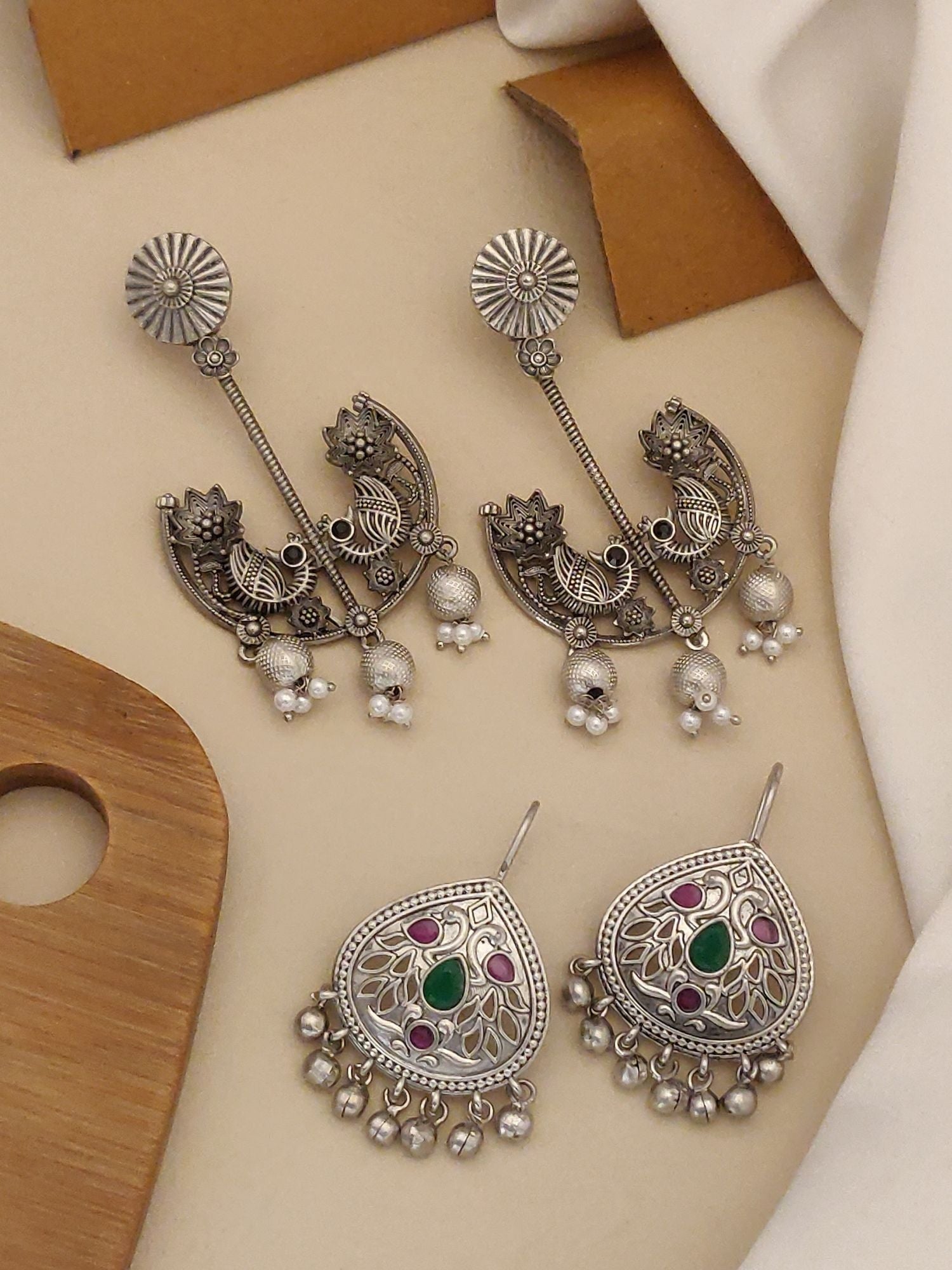 German Silver Set Of 2 Earring Combo featuring intricate designs and colorful stone accents