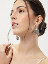Thumbnail for Elegant model showcasing German Silver Set Of 2 Earring Combo featuring intricate designs and dangling accents
