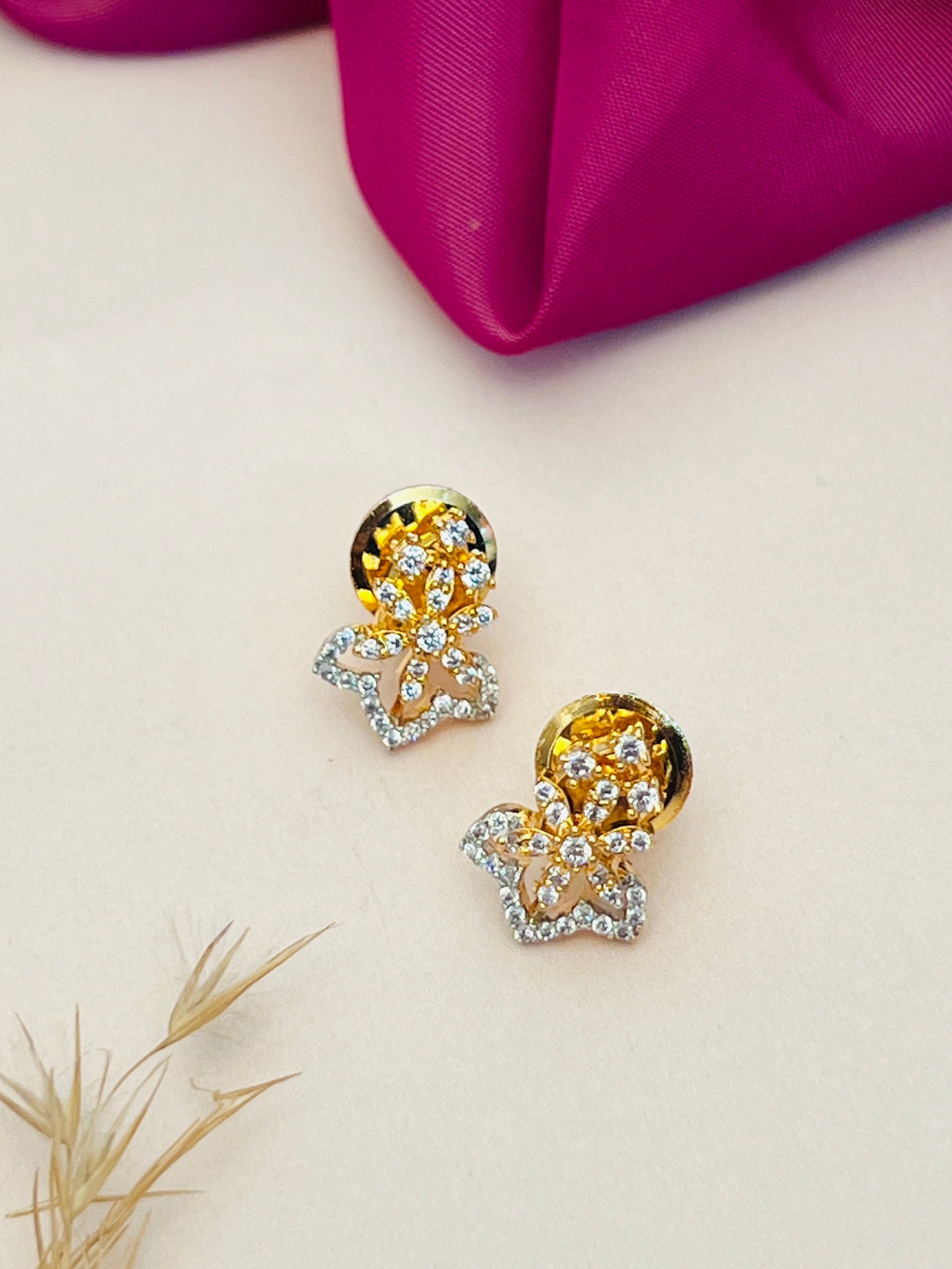 Gold Plated American Diamond Mangalsutra Set floral design stud earrings by Abdesignsjewellery