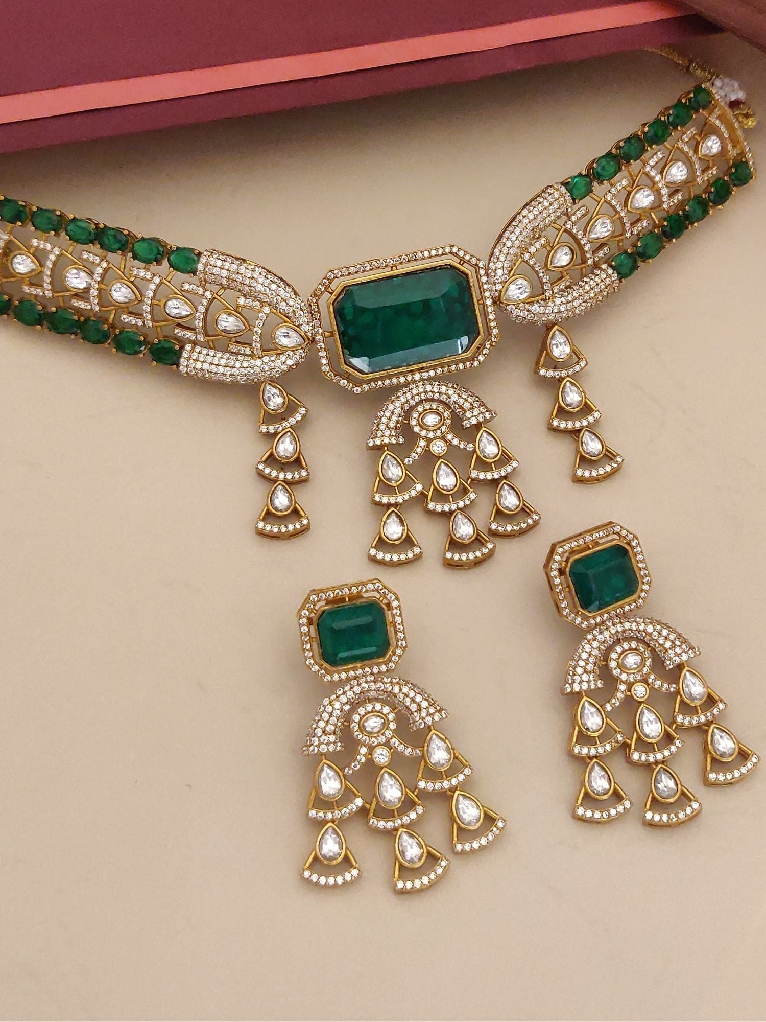 Elegant American Diamond Necklace with Green Stones and Intricate Design