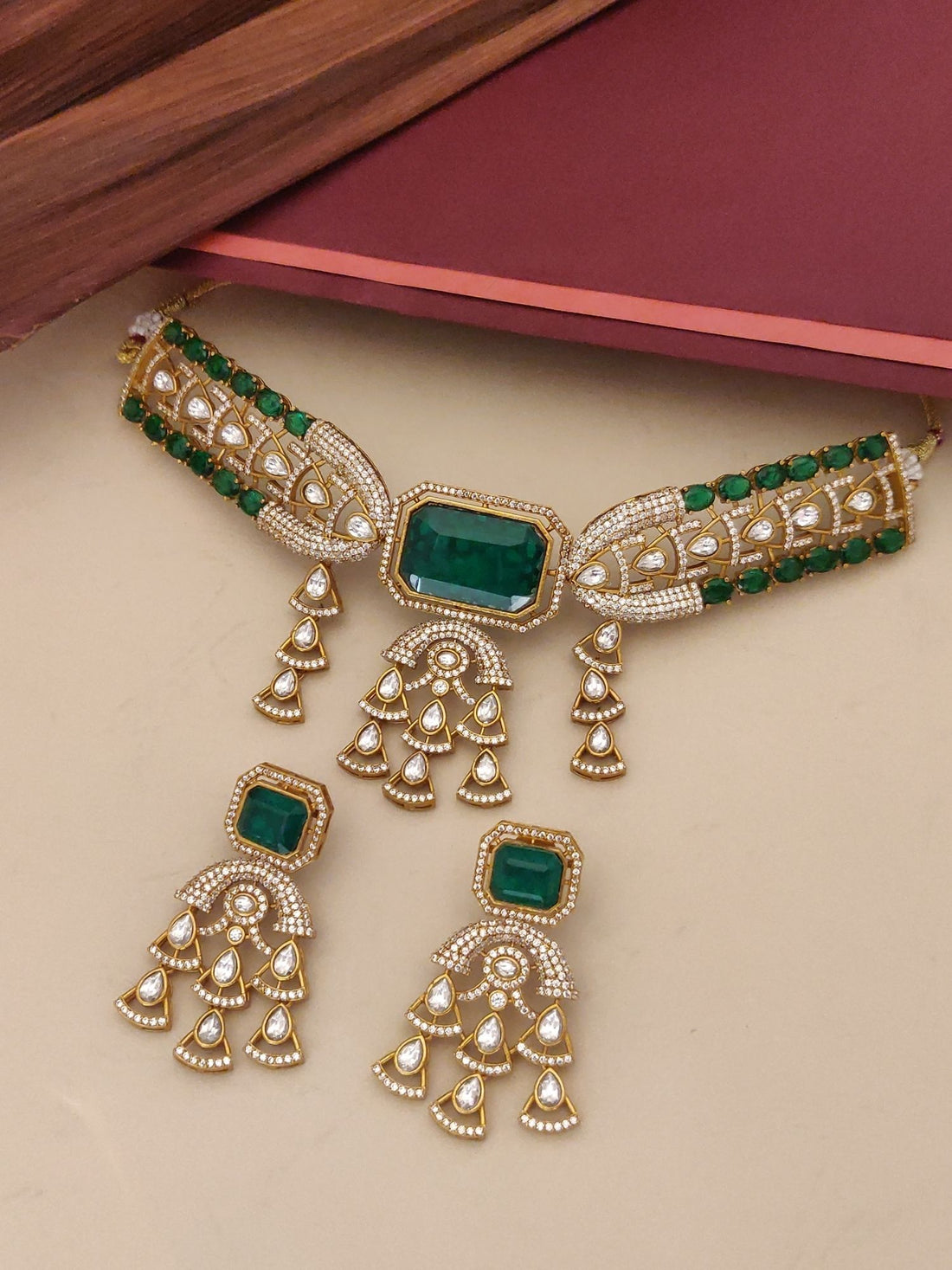 Elegant Gold Plated American Diamond Necklace with Green Stones and Intricate Design