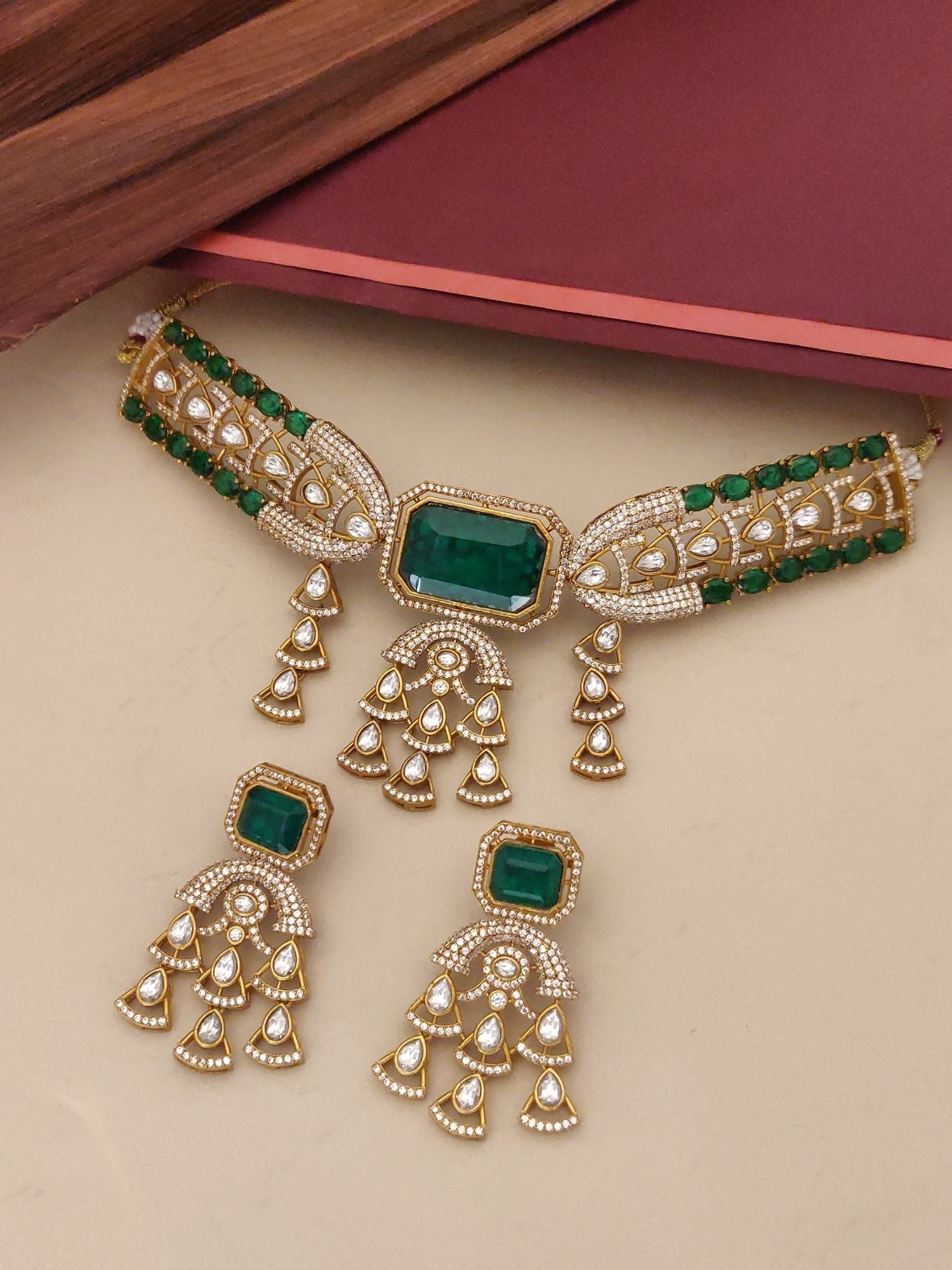 Elegant Gold Plated American Diamond Necklace with Green Stones and Intricate Design