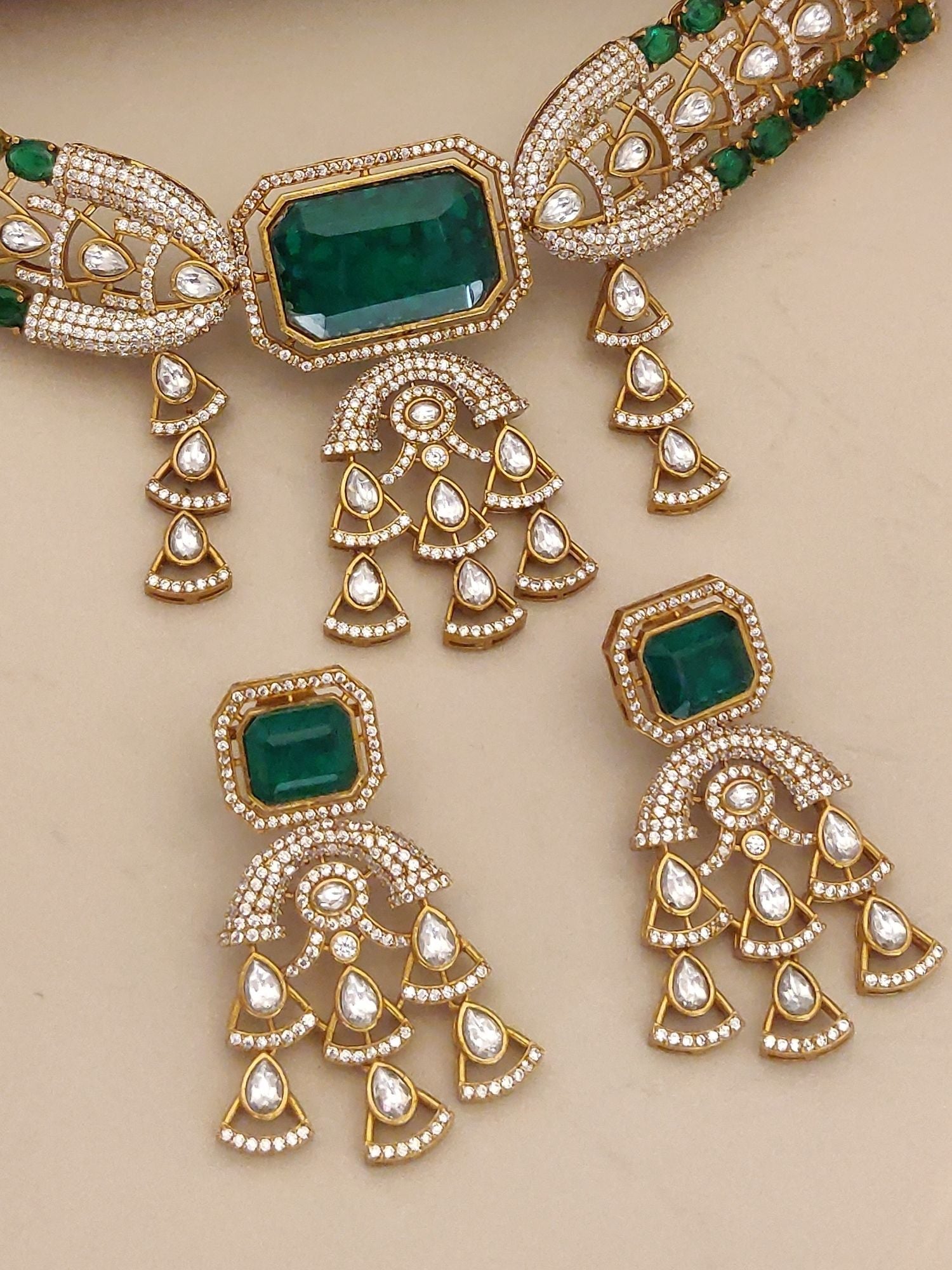 Gold Plated American Diamond Necklace with Green Stones and Elegant Design for Formal Occasions