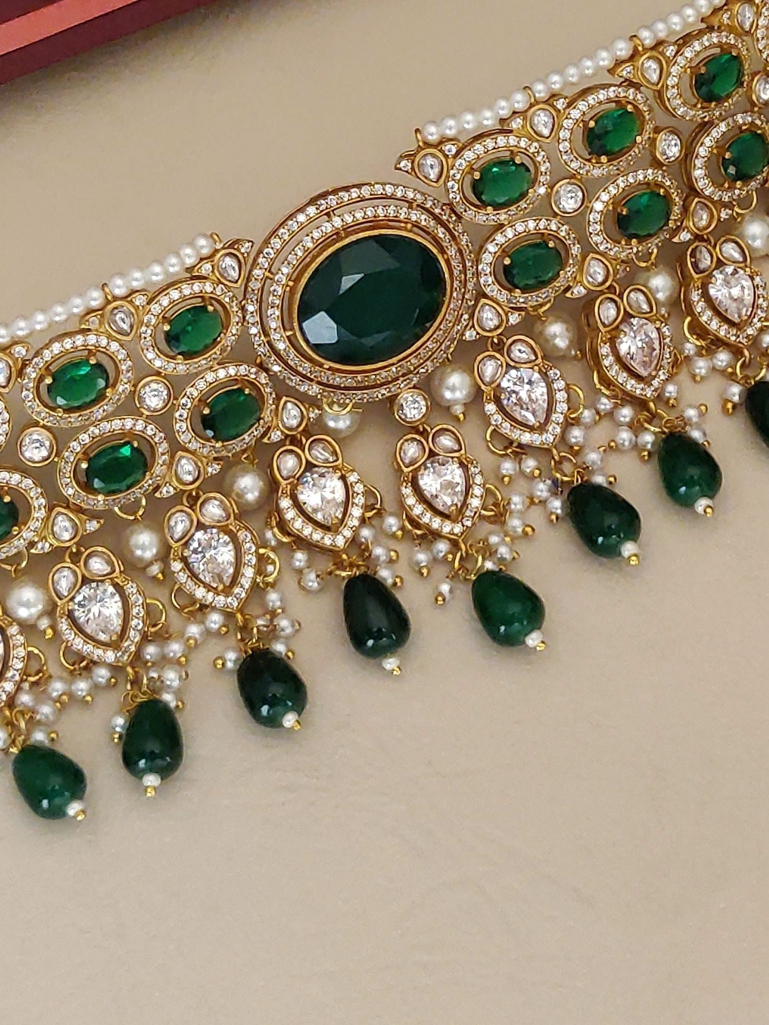 Exquisite Gold Plated American Diamond Necklace Set with Green and Pearl Accents