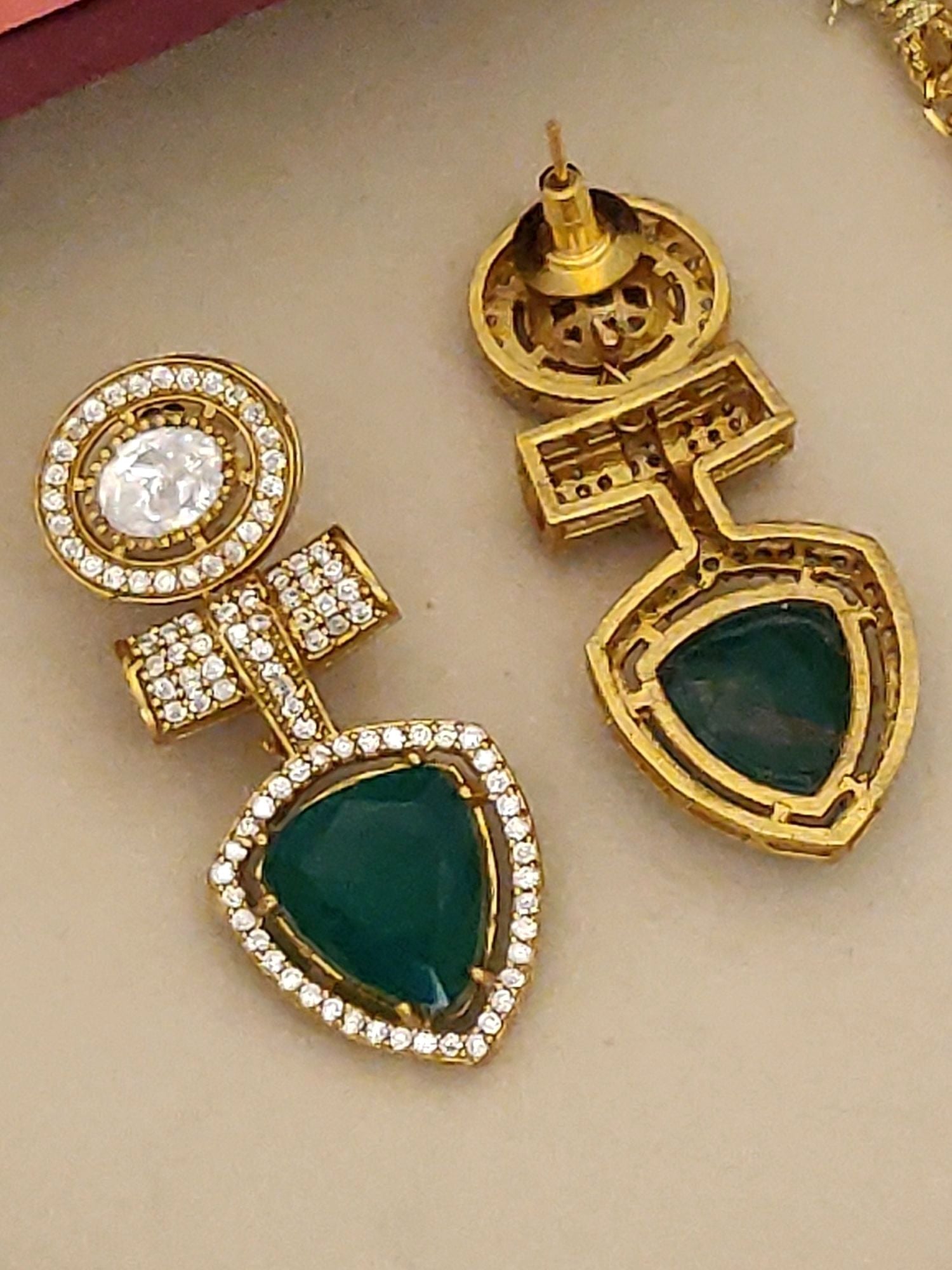 Gold Plated American Diamond Necklace Set featuring elegant green stones and sparkling accents