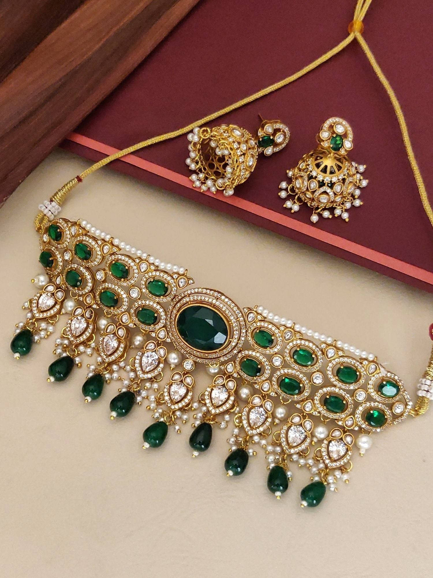 Gold Plated American Diamond Necklace Set with Green Gemstones and Matching Earrings