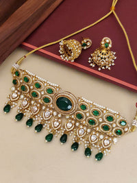 Thumbnail for Gold Plated American Diamond Necklace Set with Green Gemstones and Matching Earrings
