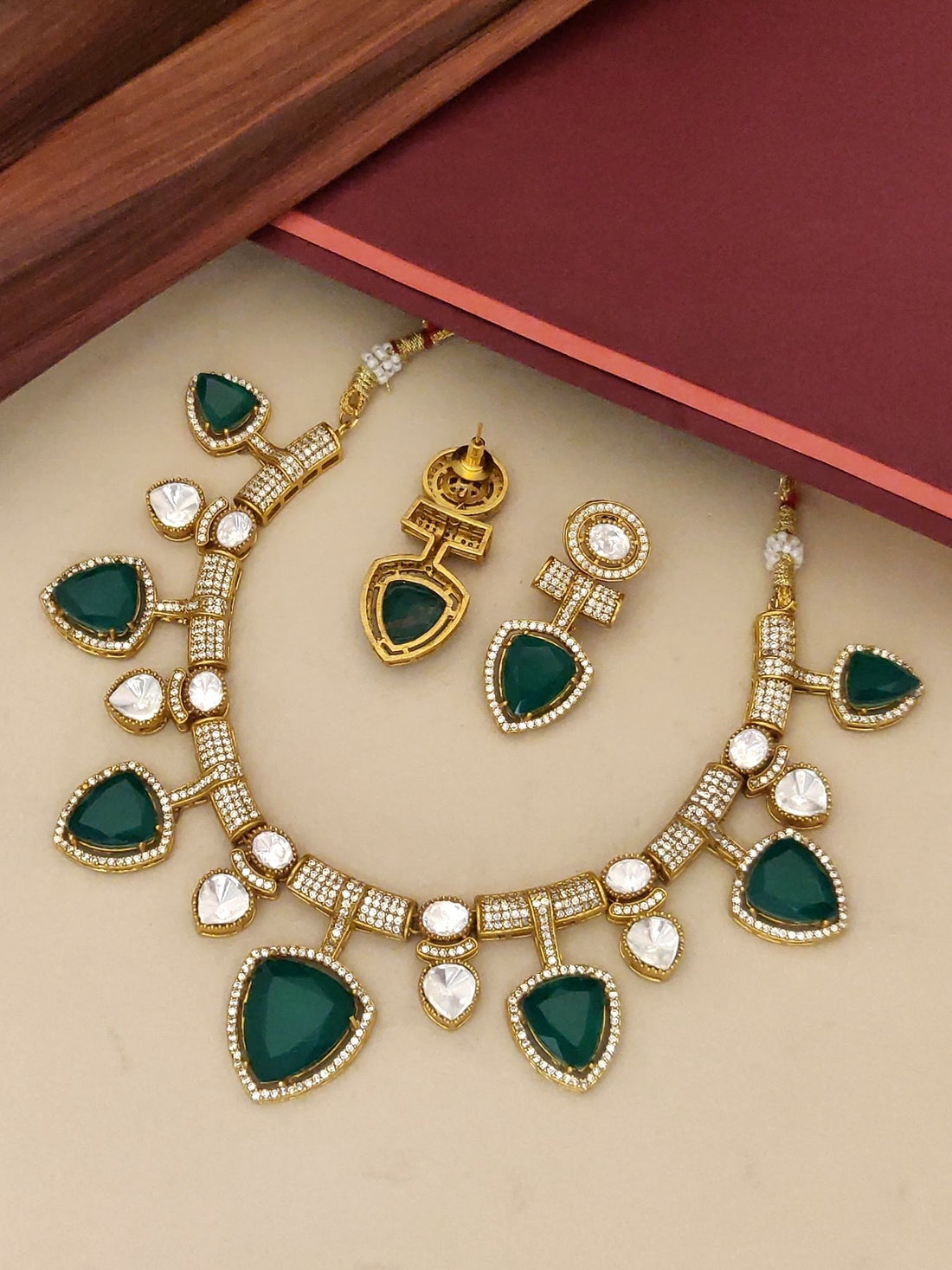 Gold Plated American Diamond Necklace Set with Green Stones and Matching Earrings for Elegant Wear